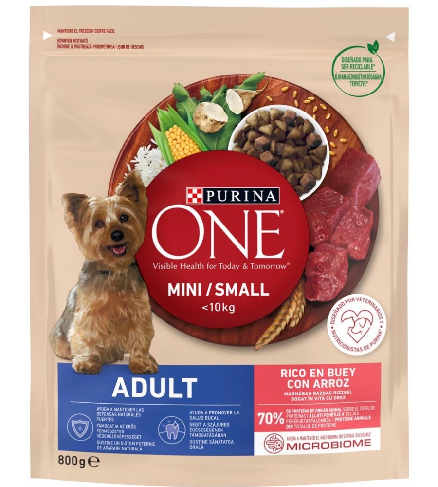 Суха храна за кучета Purina ONE Adult Суха храна за кучета Purina ONE Adult - 0.8 и 1.5 kg, с говеждо и ориз, от серията Purina ONE MINI, за дребни и малки породи в зряла възраст - храна