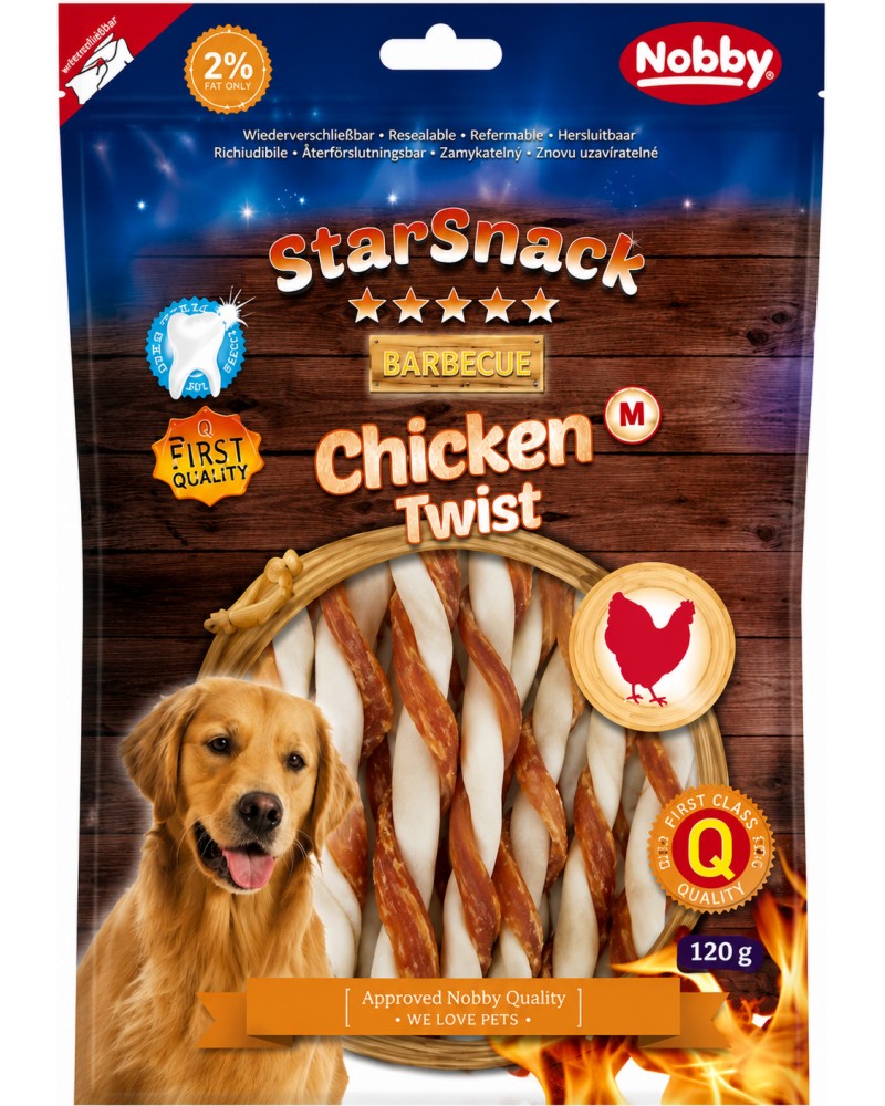 Лакомства за кучета Nobby StarSnack Twist M Лакомства за кучета Nobby StarSnack Twist M - 120 g, с пилешко, от серията Barbecue - храна