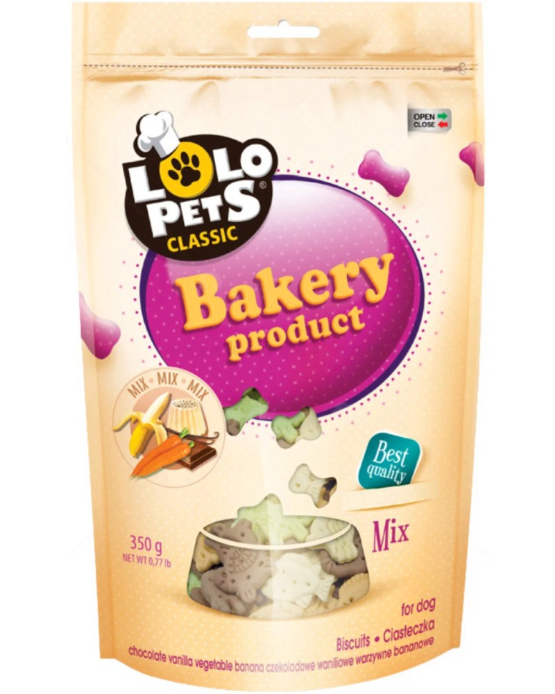 Бисквити за кучета Lolo Pets Bakery Cookies Mix Бисквити за кучета Lolo Pets Bakery Cookies Mix - 350 g, с вкус на шоколад, банан, зеленчуци и ванилия - храна