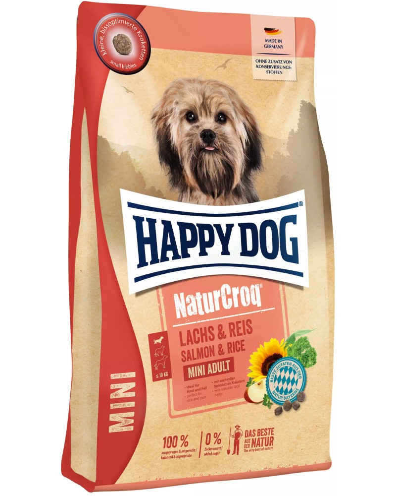 Суха храна за кучета Happy Dog Mini Adult Суха храна за кучета Happy Dog Mini Adult - 4 kg, със сьомга и ориз, от серията NaturCroq, в зряла възраст, до 10 kg - храна