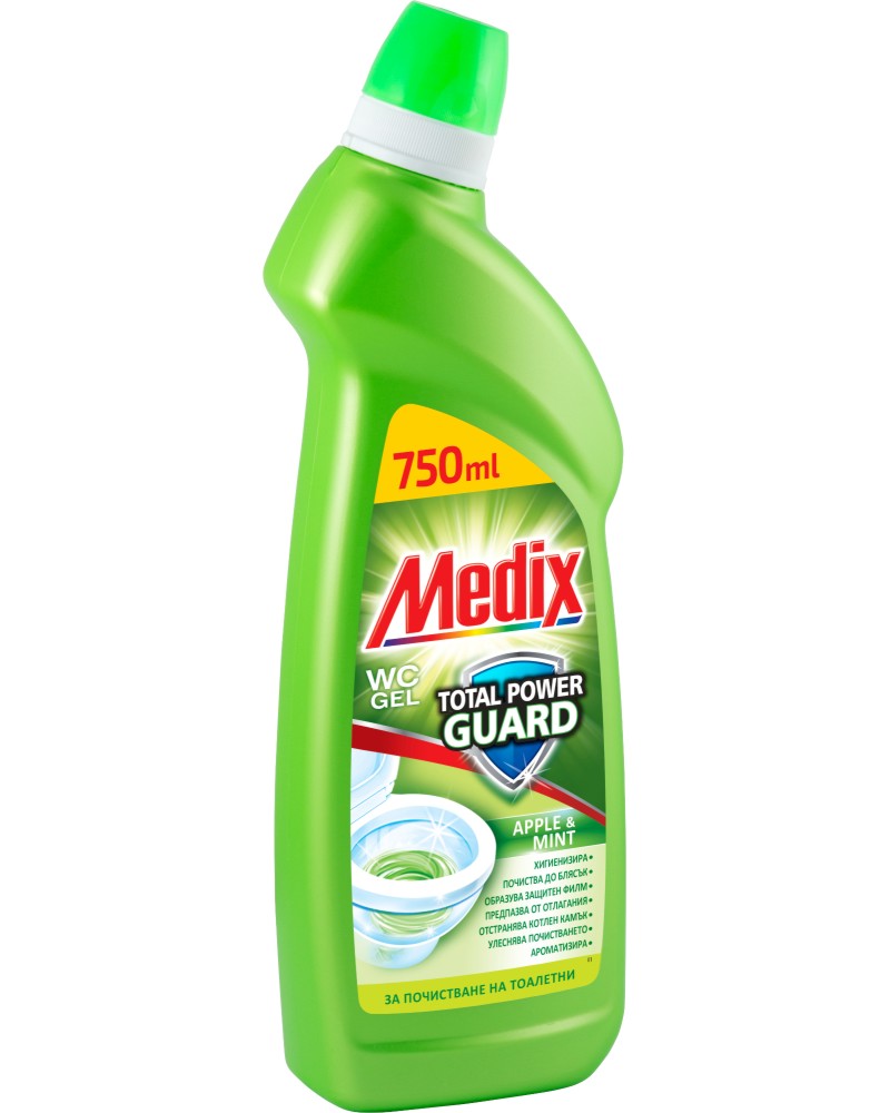 Гел за почистване на тоалетна Medix Гел за почистване на тоалетна Medix - 750 ml, с аромат на ябълка и мента от серията Total Power Guard - почистващ препарат