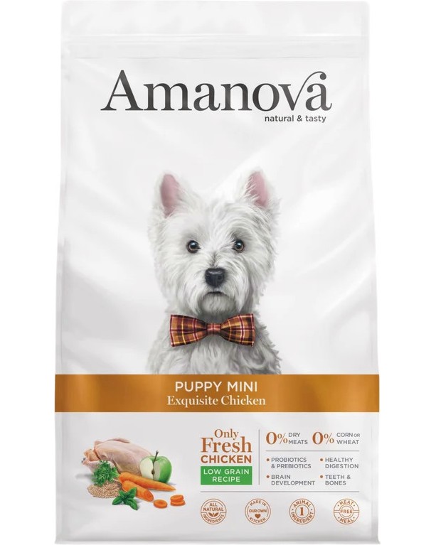 Натурална суха храна за кучета Amanova Puppy Mini Натурална суха храна за кучета Amanova Puppy Mini - 0.5 и 2 kg, с пилешко, за дребни породи, от 2 до 10 месеца - храна