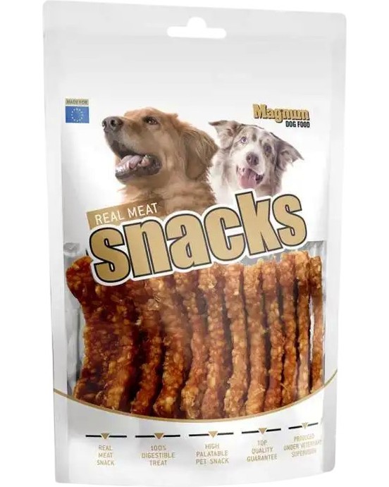Лакомства за кучета Magnum Real Meat Snacks Лакомства за кучета Magnum Real Meat Snacks - 250 g, с ориз и пилешко, за средни и едри породи - храна