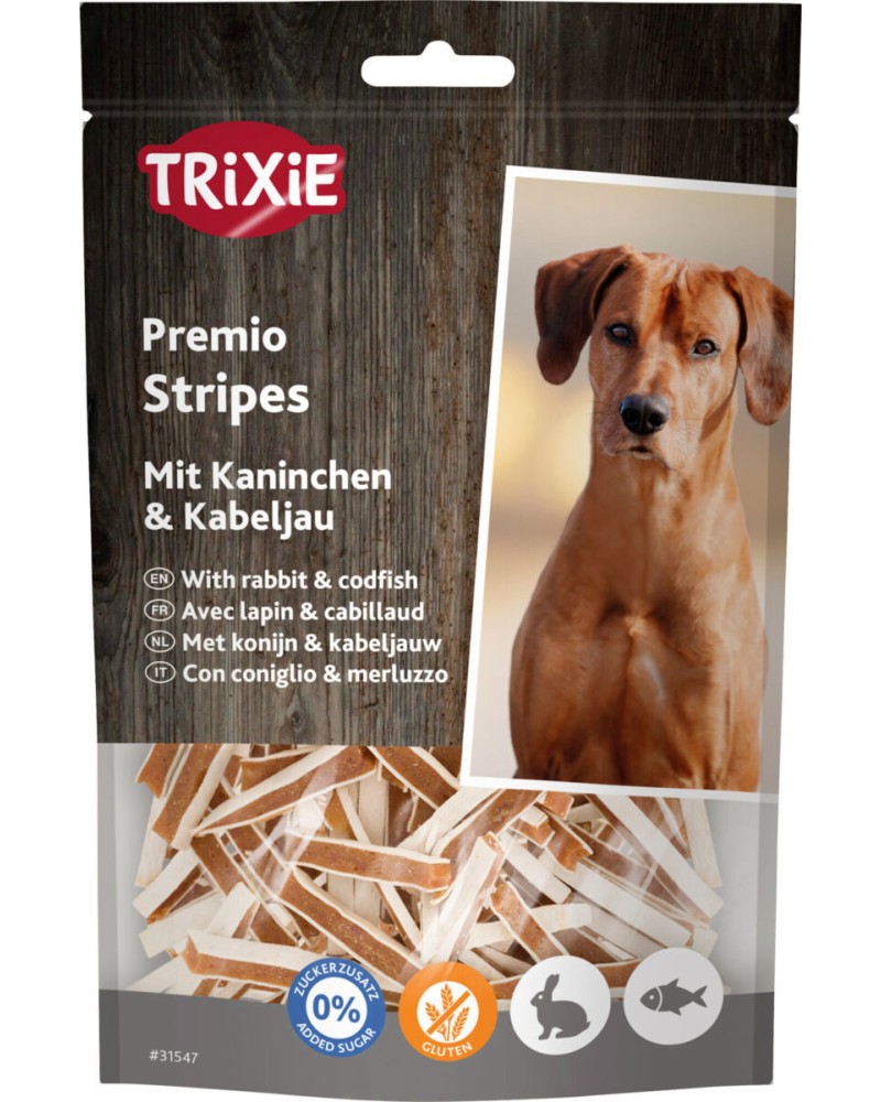 Лакомства за кучета Trixie Fish Rabbit Stripes Лакомства за кучета Trixie Fish Rabbit Stripes - 100 g, със заешко и риба, от серията Premio - храна