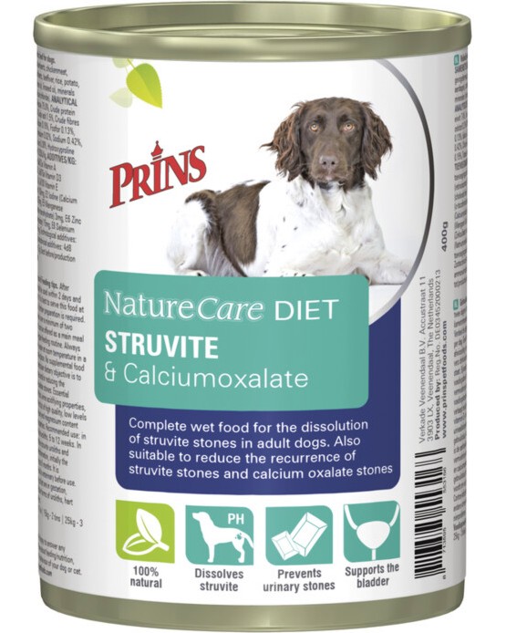 Натурална консерва за кучета против образуване на струвитни и оксалатни камъни Prins NatureCare Diet Struvite & Calciumoxalate Натурална консерва за кучета против образуване на струвитни и оксалатни камъни Prins NatureCare Diet Struvite & Calciumoxalate - 400 g, от серията Dietetic, за всички породи, в зряла възраст - храна