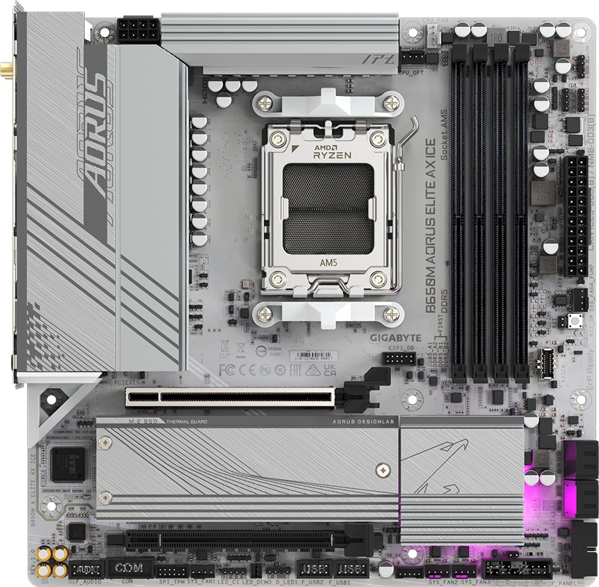 Дънна платка Gigabyte B650M Aourus Elite AX Ice Дънна платка Gigabyte B650M Aourus Elite AX Ice - AMD AM5, AMD B650, DDR5, Micro ATX -