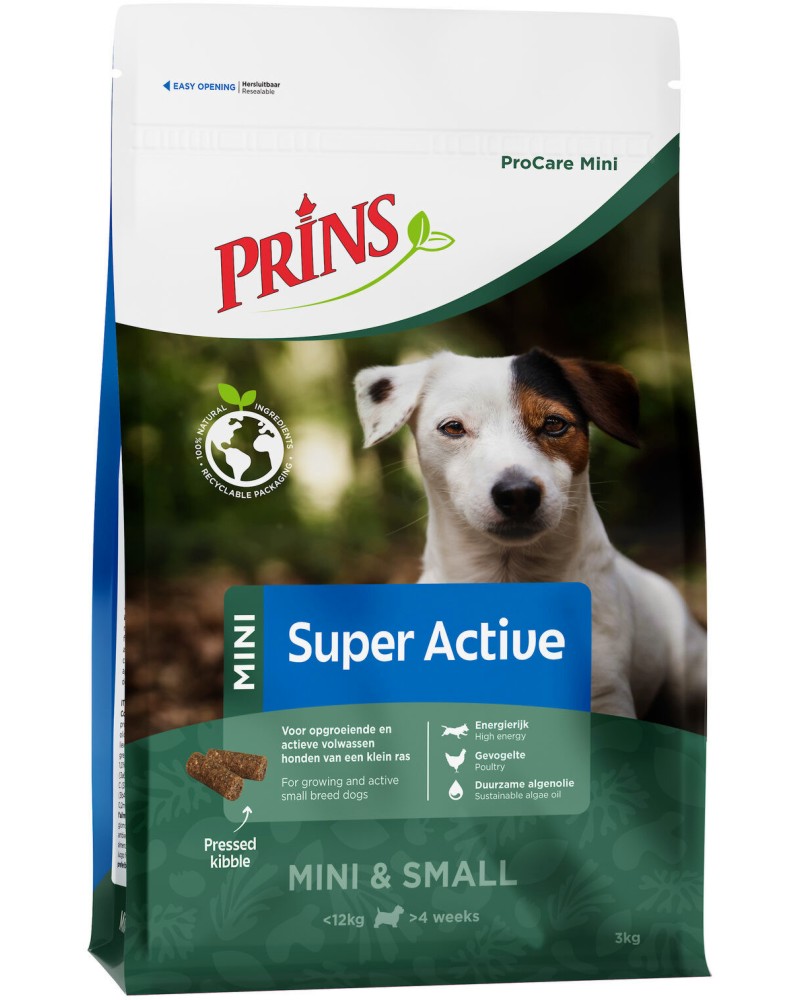 Натурална суха храна за активни кучета Prins Super Active Натурална суха храна за активни кучета Prins Super Active - 3 ÷ 15 kg, с пилешко и пуешко, от серията ProCare Mini, от 6 месеца до 8 години - храна