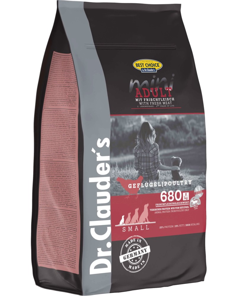 Суха храна за кучета Dr.Clauder's Mini Adult Суха храна за кучета Dr.Clauder's Mini Adult - 0.4 и 2 kg, с пилешко, от серията Best Choice, за дребни и малки породи, в зряла възраст - храна