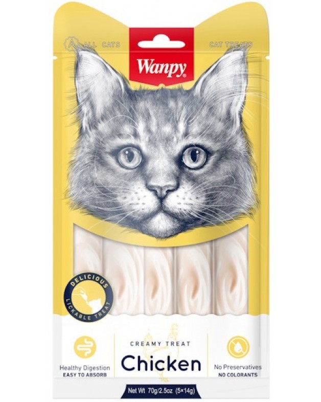 Кремообразни лакомства за котки Wanpy Кремообразни лакомства за котки Wanpy - 5 x 14 g, с пилешко, за над 3 месеца - храна