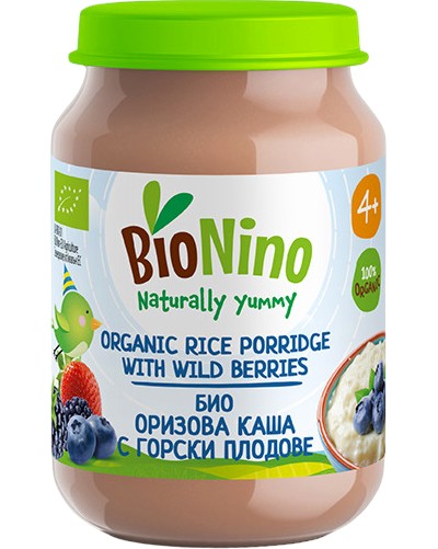 Био оризова млечна каша с горски плодове BioNino Био оризова млечна каша с горски плодове BioNino - 190 g, за 4+ месеца - продукт