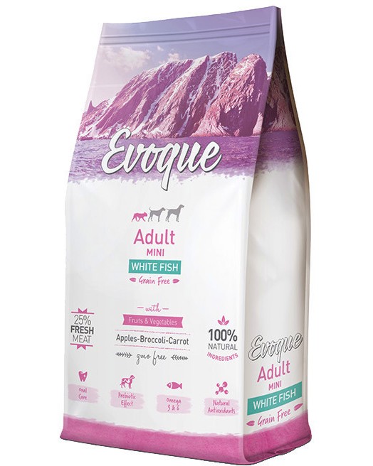 Суха храна за кучета Evoque Adult Mini Суха храна за кучета Evoque Adult Mini - 8 kg, с бяла риба, за дребни и малки породи, в зряла възраст - храна