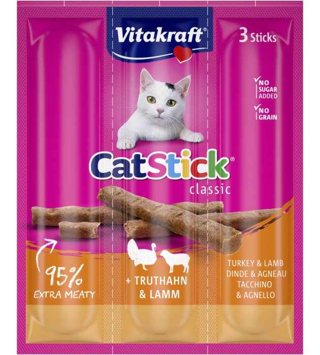 Лакомства за котки Vitakraft Cat Stick Лакомства за котки Vitakraft Cat Stick - 18 g, с пуешко и агнешко, от серията Classic - храна