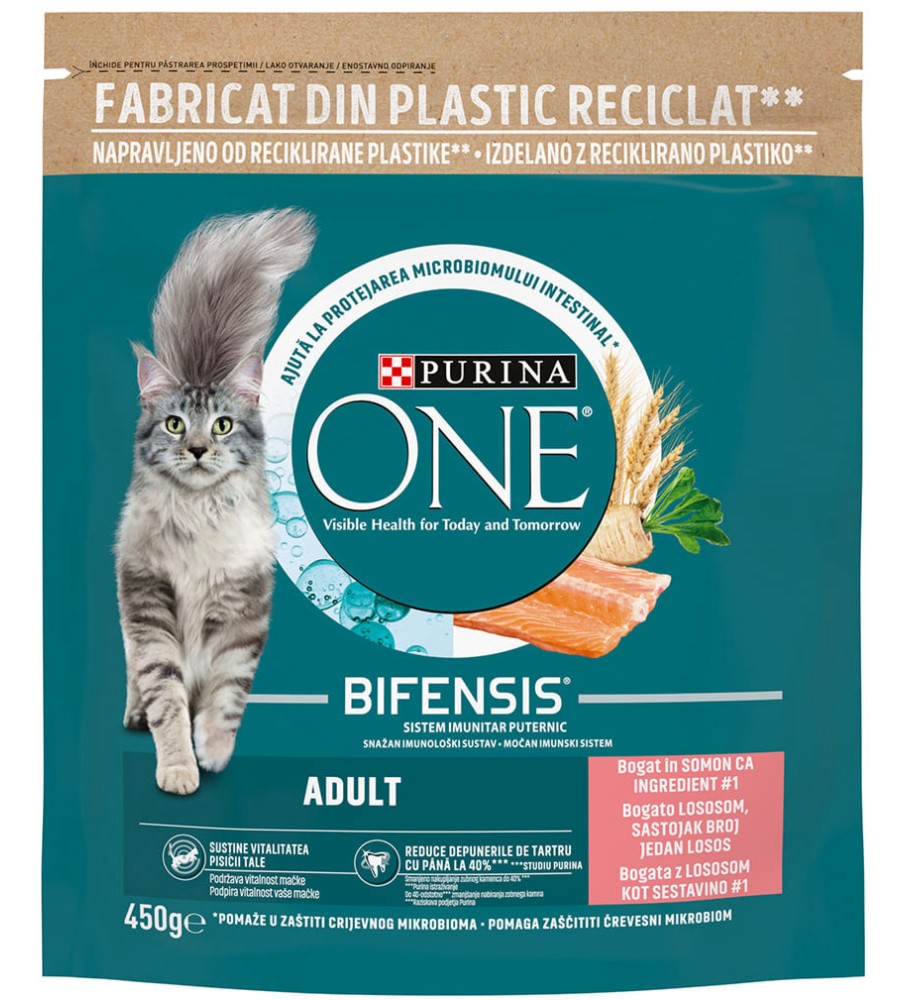 Суха храна за котки Purina ONE Bifensis Adult Суха храна за котки Purina ONE Bifensis Adult - 450 g, със сьомга и пшеница, за над 1 година - храна