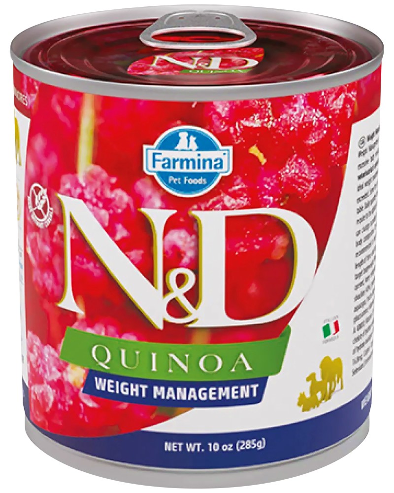 Консерва за кастрирани и склонни към напълняване кучета N&D Weight Management Консерва за кастрирани и склонни към напълняване кучета N&D Weight Management - 285 g, с киноа, агнешко месо и броколи, от серията Quinoa, за всички породи, над 1 година - храна