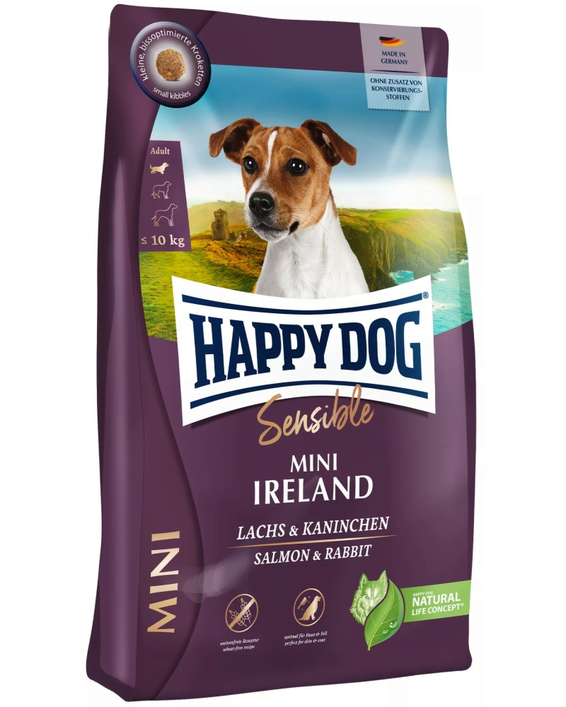 Суха храна за кучета с чувствително храносмилане Happy Dog Mini Ireland Adult Суха храна за кучета с чувствително храносмилане Happy Dog Mini Ireland Adult - 0.8 ÷ 10 kg, със сьомга и заешко, от серията Sensible, в зряла възраст, до 10 kg - храна