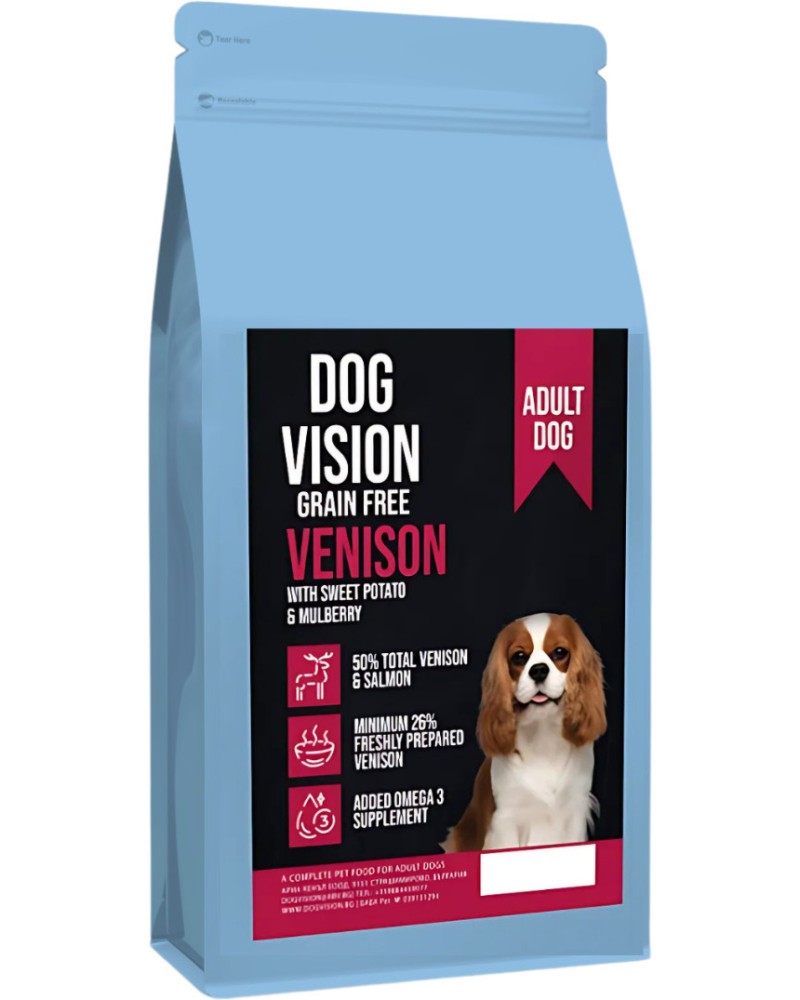Суха храна за кучета с чувствително храносмилане DOG VISION Grain Free Adult Суха храна за кучета с чувствително храносмилане DOG VISION Grain Free Adult - 2 ÷ 12 kg, с еленско, сладък картоф и черници, над 1 година, за средни породи - храна