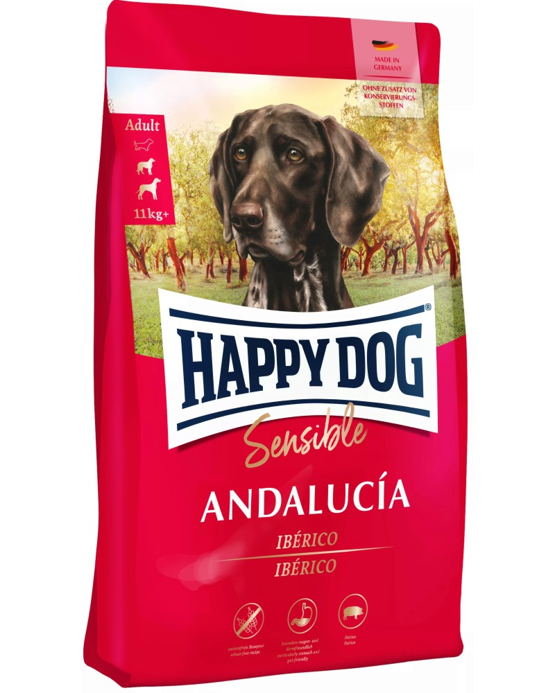 Суха храна за кучета с чувствително храносмилане Happy Dog Andalucia Adult Суха храна за кучета с чувствително храносмилане Happy Dog Andalucia Adult - 2.8 ÷ 11 kg, с иберийско свинско и ориз, от серията Sensible, в зряла възраст, за над 11 kg - храна