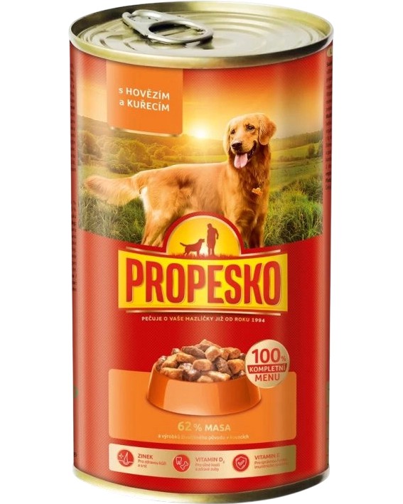 Консерва за кучета PROPESKO Консерва за кучета PROPESKO - 1.24 kg, с говеждо и пилешко, за всички породи, в зряла възраст - храна