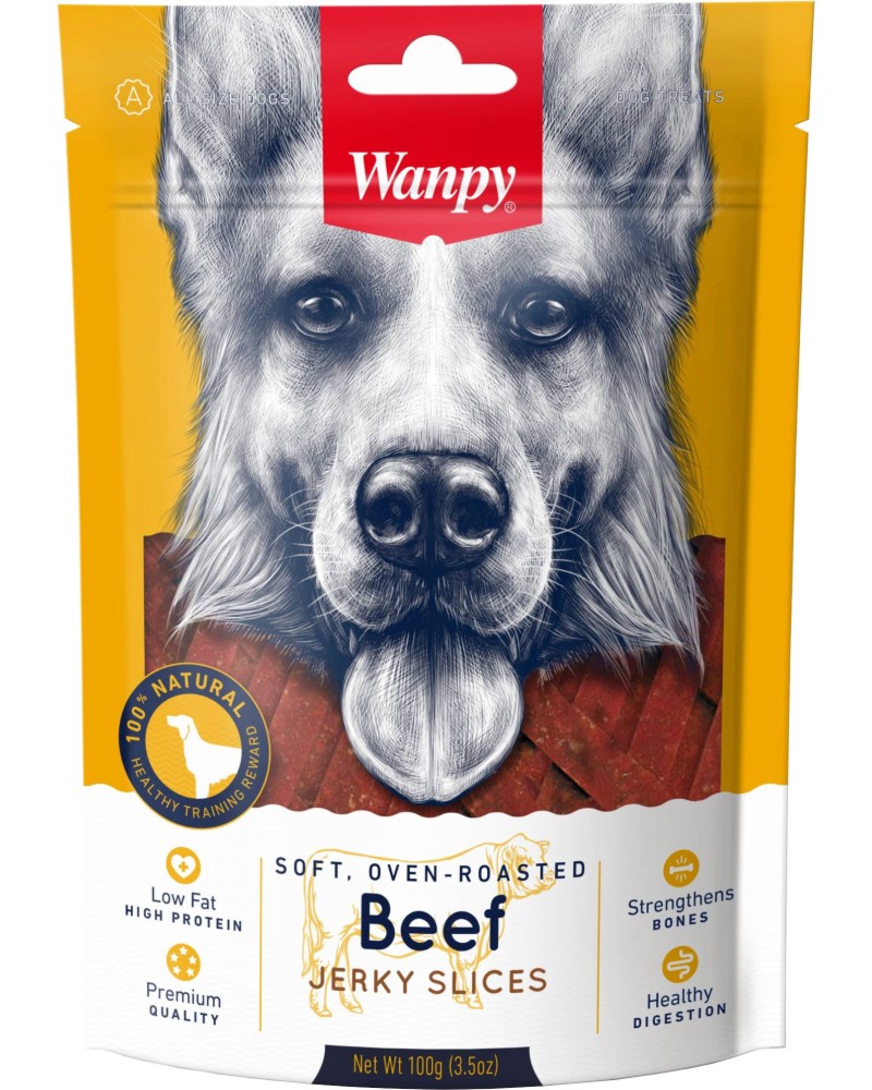 Натурални лакомства за кучета Wanpy Jerky Slices Натурални лакомства за кучета Wanpy Jerky Slices - 100 g, с говеждо - храна