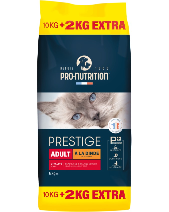 Суха храна за котки Pro-Nutrition Adult Суха храна за котки Pro-Nutrition Adult - 10 + 2 kg подарък, с пуешко, от серията Prestige Cat, в зряла възраст - храна