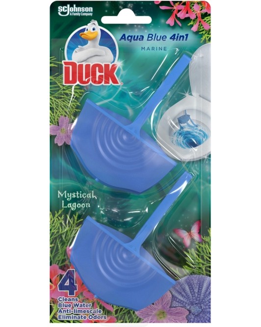 Тоалетно блокче Duck Aqua Blue 4 in 1 Тоалетно блокче Duck Aqua Blue 4 in 1 - 2 броя, с аромат на лагуна - продукт