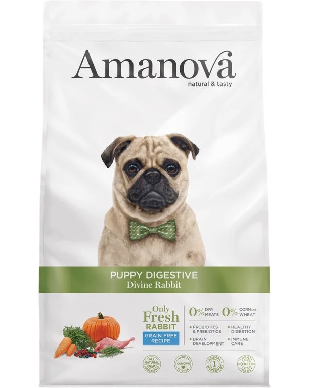 Натурална суха храна за кучета с чувствително храносмилане Amanova Puppy Digestive Натурална суха храна за кучета с чувствително храносмилане Amanova Puppy Digestive - 2 и 7 kg, със заешко, за всички породи, от 2 до 12 месеца - храна