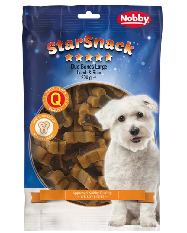 Лакомства за кучета Nobby Duo Bones Large Лакомства за кучета Nobby Duo Bones Large - 200 g, с агнешко и ориз, от серията StarSnack - храна