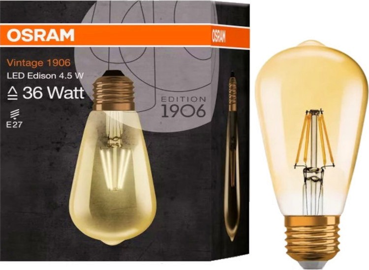 LED крушка Osram LED CL Edison FIL GOLD 36 825 E27 4.5 W 2400K LED крушка Osram LED CL Edison FIL GOLD 36 825 E27 4.5 W 2400K - 410 lm от серията Vintage 1906 -