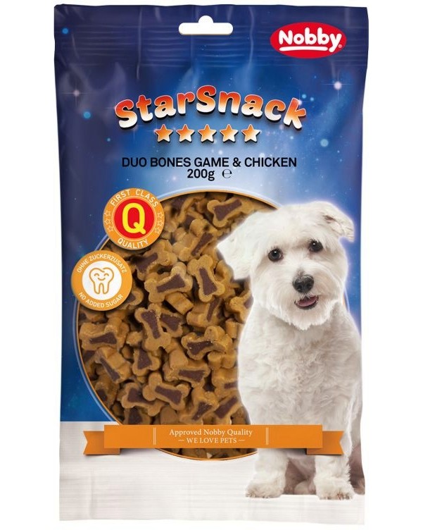 Лакомства за кучета Nobby Duo Bones Game & Chicken Лакомства за кучета Nobby Duo Bones Game & Chicken - 200 и 500 g, с дивечово и пилешко, от серията StarSnack - храна