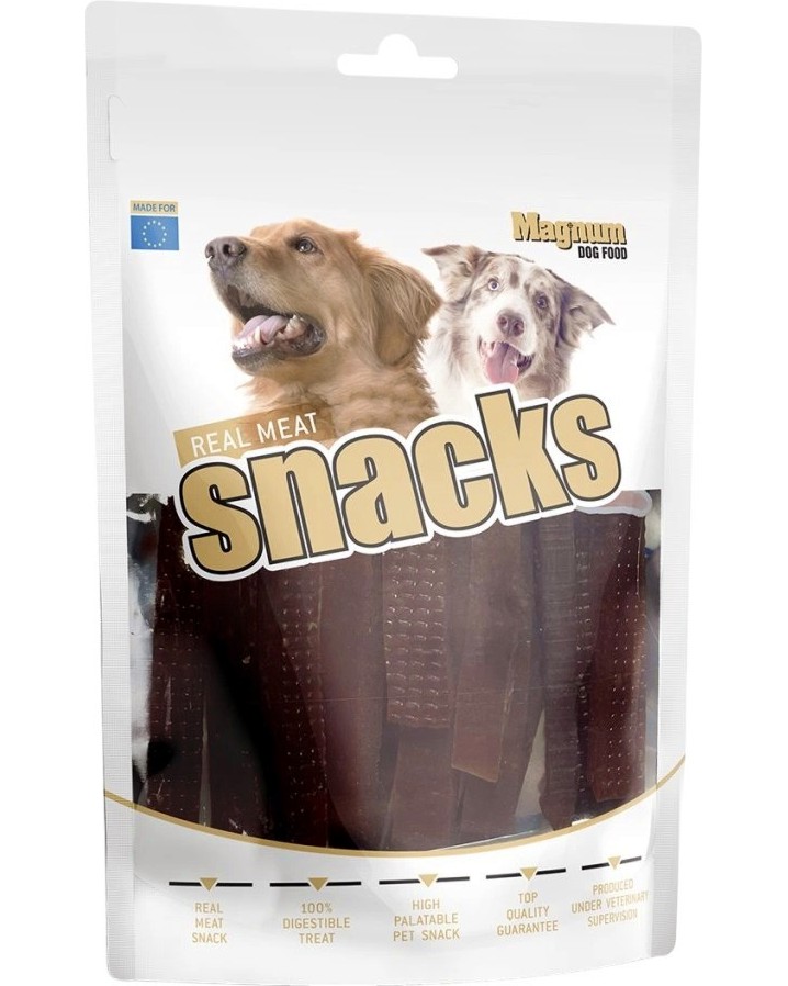 Лакомства за кучета Magnum Real Meat Snacks Лакомства за кучета Magnum Real Meat Snacks - 250 g, с патешко, за малки, средни и едри породи - храна