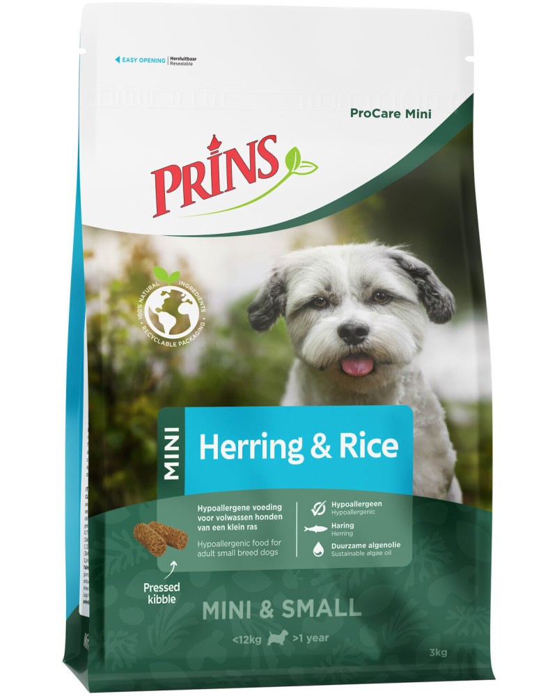 Натурална суха храна за кучета с чувствително храносмилане Prins Hypoallergenic Натурална суха храна за кучета с чувствително храносмилане Prins Hypoallergenic - 3 ÷ 12 kg, с херинга и ориз, от серията ProCare Mini, в зряла възраст - храна