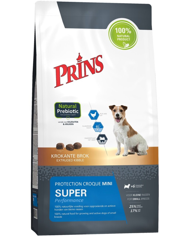 Натурална суха храна за кучета Prins Super Performance Натурална суха храна за кучета Prins Super Performance - 2 и 10 kg, с пилешко, от серията Protection Croque Mini, над 6 месеца - храна