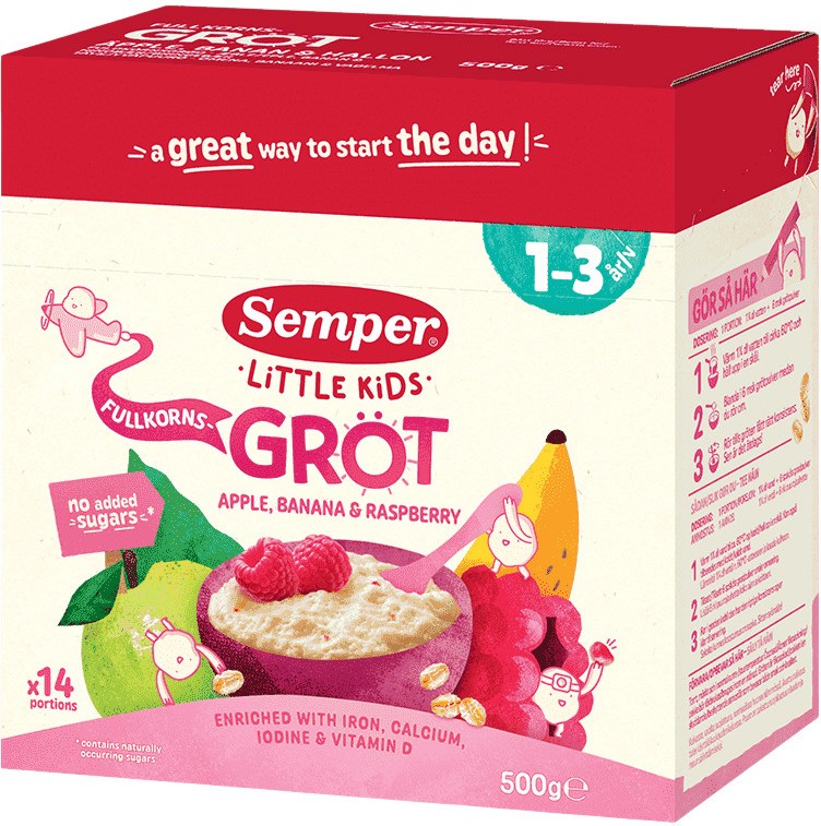 Инстантна млечна каша с ябълка, банан и малина Semper Little Kids Инстантна млечна каша с ябълка, банан и малина Semper Little Kids - 500 g, за 1-3 години - храна