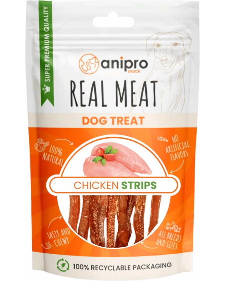Натурални лакомства за кучета anipro Strips Натурални лакомства за кучета anipro Strips - 80 и 400 g, пилешко, от серията Real Meat, за 4+ месеца - храна