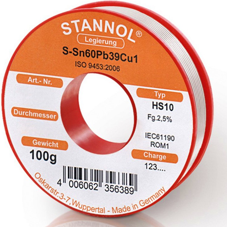 Тинол на ролка Stannol HS10 Тинол на ролка Stannol HS10 - 100 - 250 g с диаметър ∅ 1 - 1.5 mm -