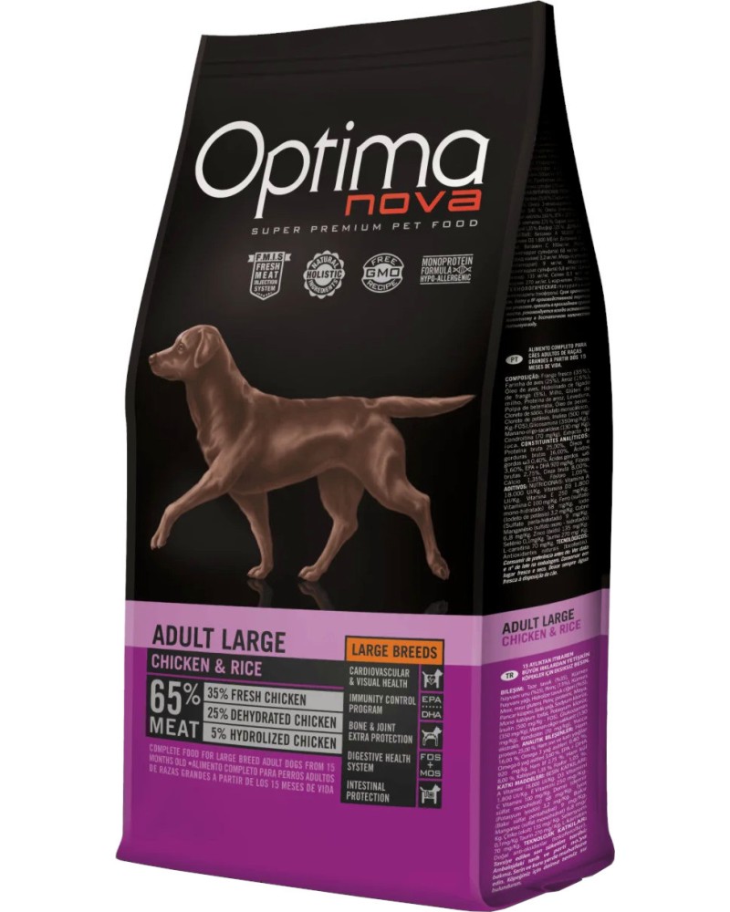 Суха храна за кучета Optima Nova Adult Large Суха храна за кучета Optima Nova Adult Large - 12 kg, с пилешко и ориз, за големи породи, над 15 месеца - храна