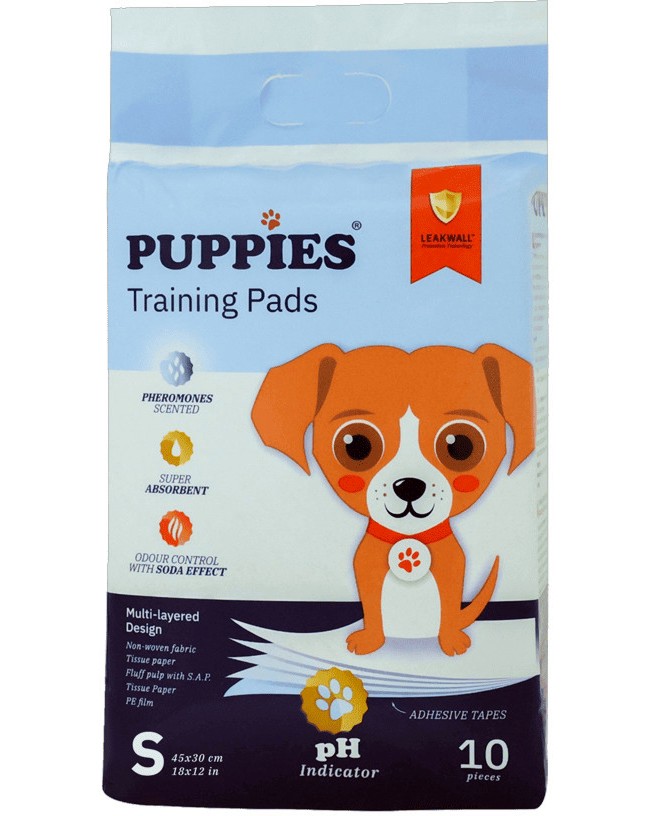 Хигиенни постелки за кучета с pH индикатор PUPPIES S Хигиенни постелки за кучета с pH индикатор PUPPIES S - 16 x 10 броя, 45 x 30 cm - продукт