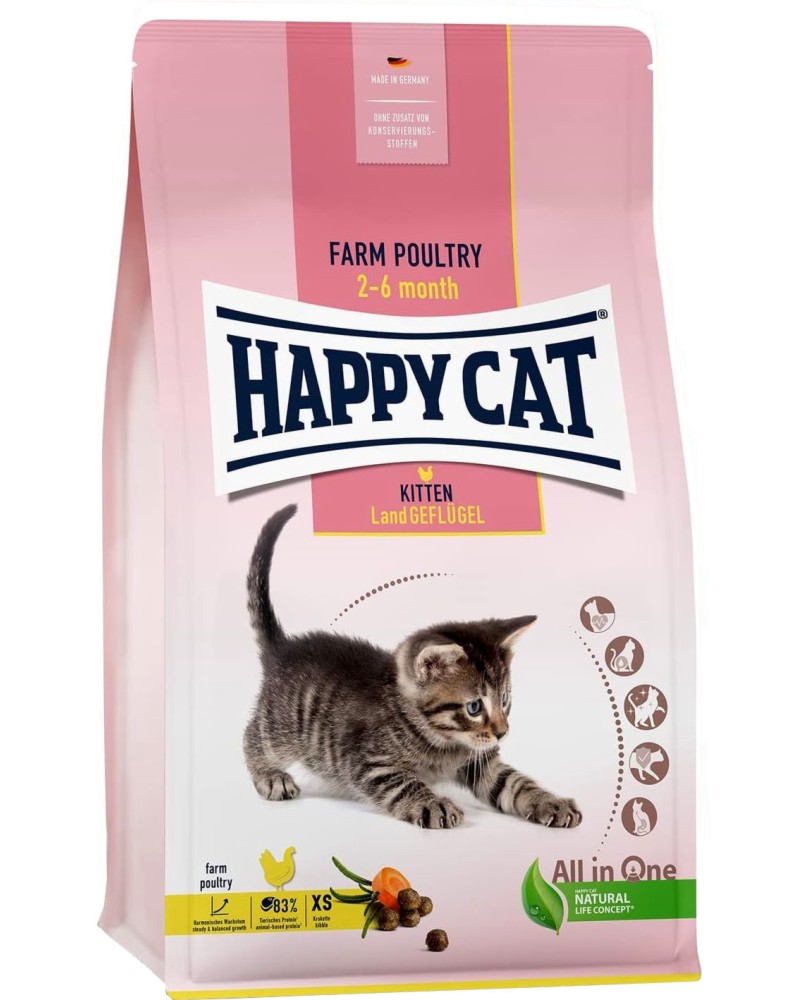 Суха храна за котки Happy Cat Kitten Суха храна за котки Happy Cat Kitten - 0.3 ÷ 4 kg, с пилешко, от серията Young, от 2 до 6 месеца - храна