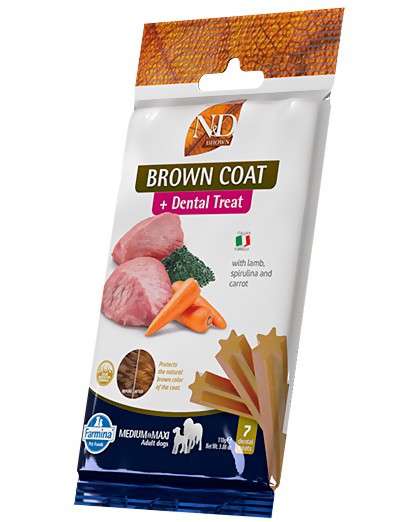 Дентални лакомства за кучета с кафява козина N&D Adult Medium & Maxi Dental Treat Дентални лакомства за кучета с кафява козина N&D Adult Medium & Maxi Dental Treat - 100 g, с агнешко, моркови и спирулина, от серията Brown, за средни и едри породи, над 4 месеца - храна