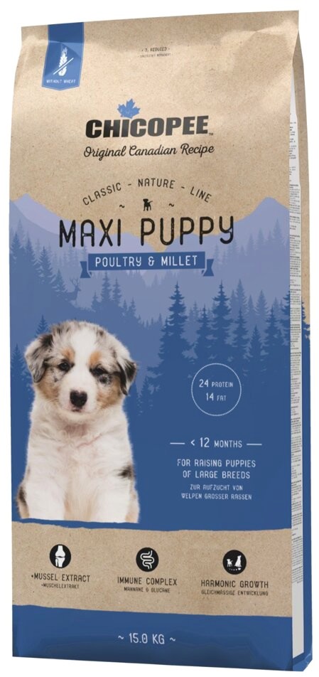 Суха храна за кучета CHICOPEE Maxi Puppy Суха храна за кучета CHICOPEE Maxi Puppy - 15 kg, с птиче месо и просо, от серията Classic Nature Line, за едри породи до 1 година - храна