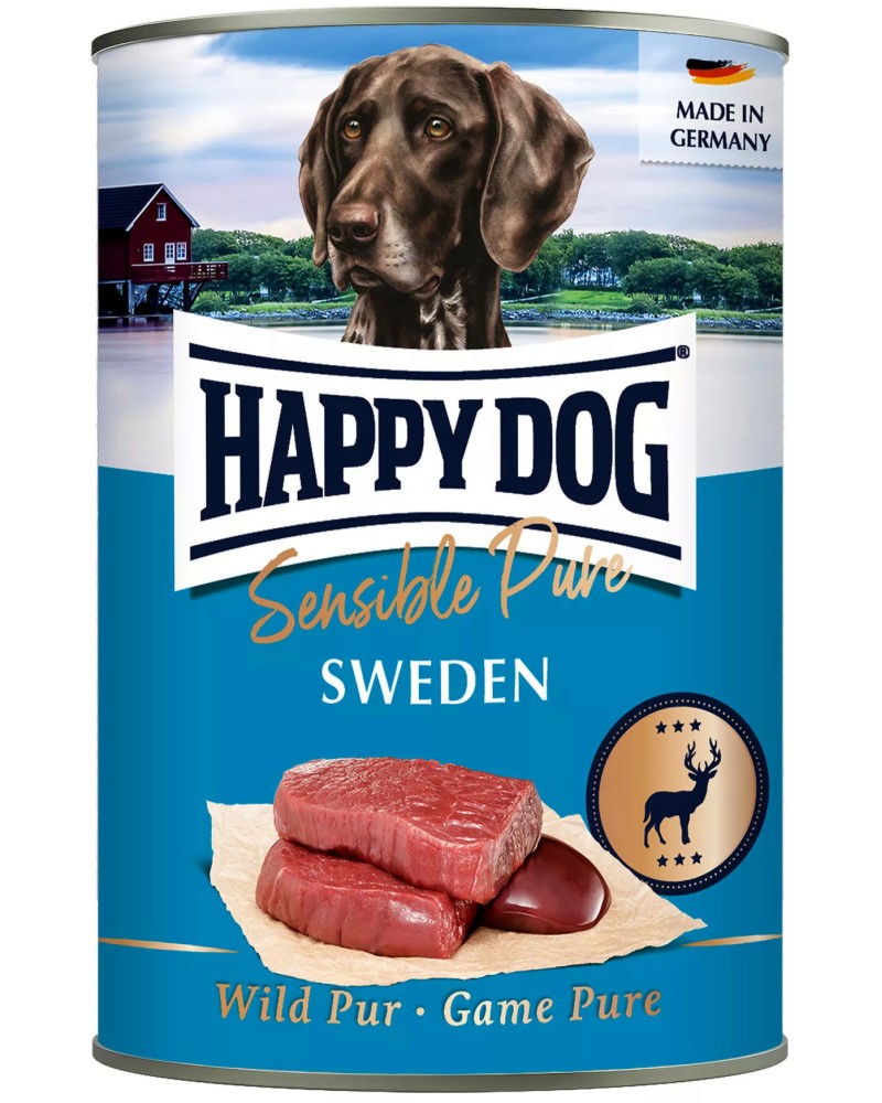 Консерва за кучета с чувствително храносмилане Happy Dog Sweden Консерва за кучета с чувствително храносмилане Happy Dog Sweden - 200 ÷ 800 g, с дивеч, от серията Sensible, в зряла възраст - храна