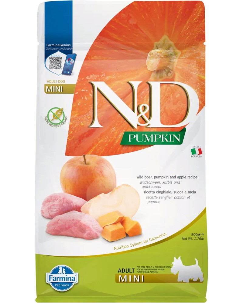 Суха храна за кучета N&D Adult Mini Суха храна за кучета N&D Adult Mini - 0.8 ÷ 7 kg, с глиганско, тиква и ябълки, от серията Pumpkin, за дребни породи, за над 1 година - храна