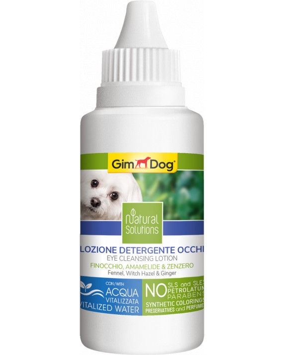 Почистващ лосион за очи за кучета GimDog Почистващ лосион за очи за кучета GimDog - 50 ml, с див копър, хамамелис и джинджифил, от серията Natural Solutions - лосион