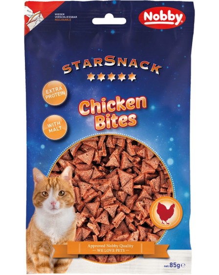 Лакомства за котки Nobby Bites Лакомства за котки Nobby Bites - 85 g, с пилешко и малц, от серията StarSnack - храна