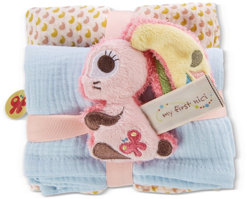 Муселинови пелени зайчето Хопсали - NICI Муселинови пелени зайчето Хопсали - NICI - 2 броя, 60 x 60 cm, с играчка, от серията My First NICI - продукт