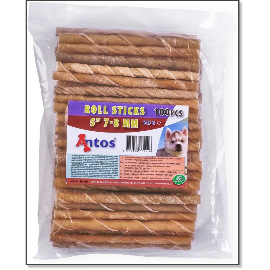 Натурални солети за кучета Antos Roll Sticks Натурални солети за кучета Antos Roll Sticks - 100 броя, от сурова говежда кожа, за дребни, малки и средни породи - храна