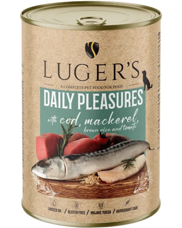 Консерви за кучета Luger's Консерви за кучета Luger's - 6 x 400 и 6 x 800 g, с риба треска, скумрия, кафяв ориз и домати, от серията Daily Pleasures, в зряла възраст - храна