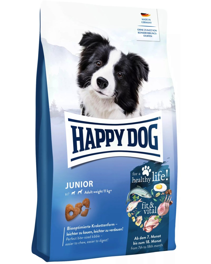 Суха храна за кучета Happy Dog Fit and Vital Junior Суха храна за кучета Happy Dog Fit and Vital Junior - 1 ÷ 10 kg, от серията Young, от 6 до 18 месеца, 11+ kg - храна