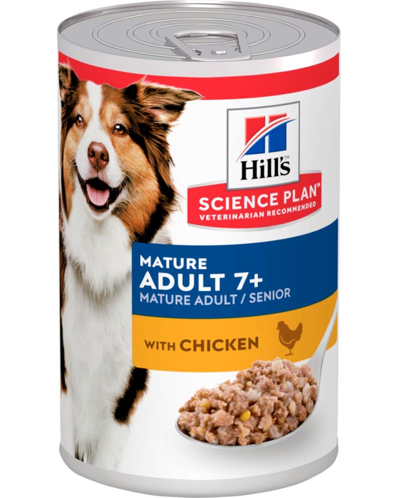Консерва за кучета Hill's Mature Adult Консерва за кучета Hill's Mature Adult - 370 g, с пилешко, от серията Science Plan, за над 7 години - храна