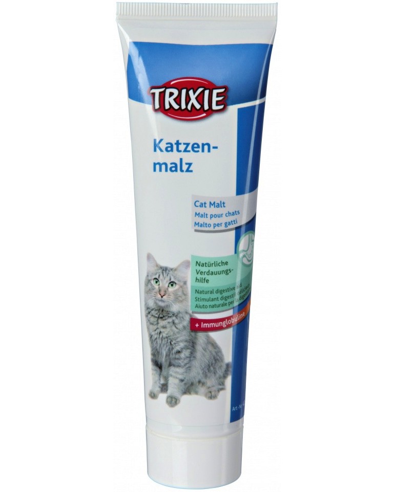 Паста за котки против образуване на космени топки Trixie Паста за котки против образуване на космени топки Trixie - 100 g, с малц и естествен имуноглобулин - храна